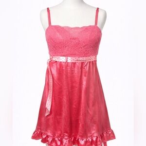 Y2K satin Barbie babydoll mini  slip/cheminse with polka dot ribbon L coquette